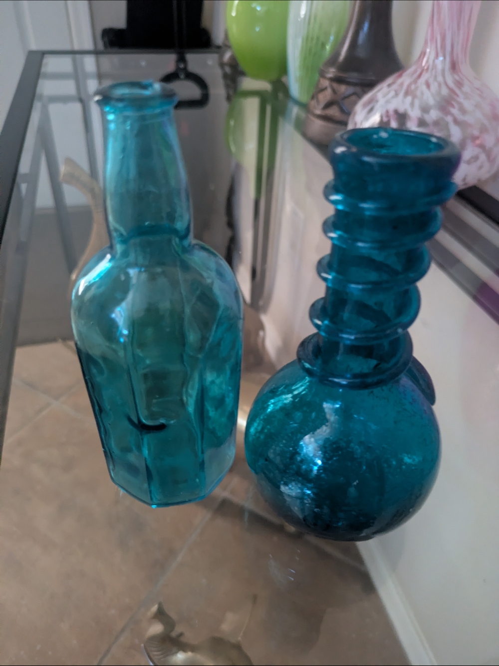 Vintage Teal Glass Decorative Bottle/Vases - Set of 2